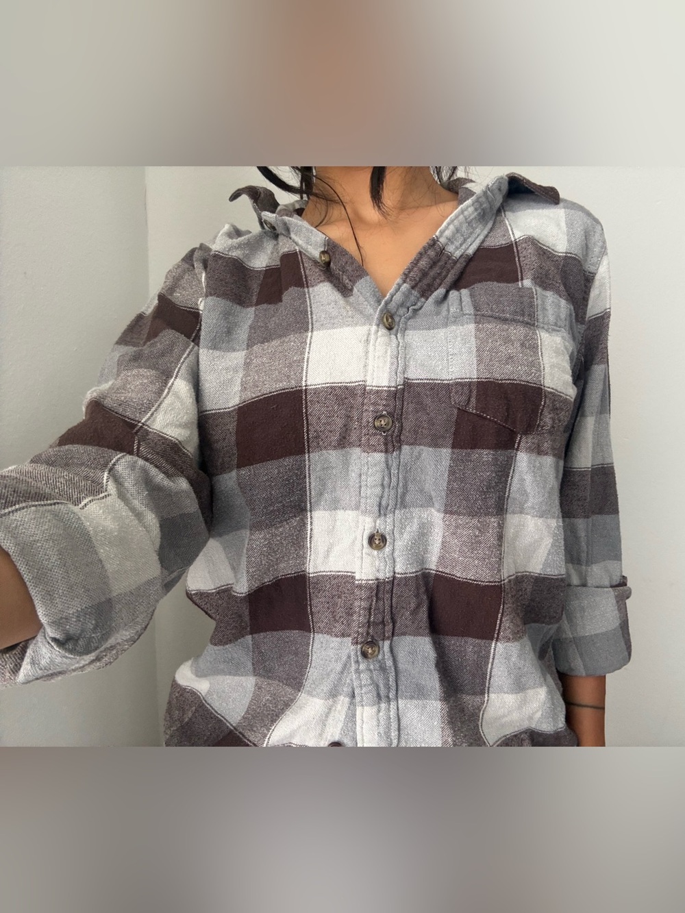 Hollister Brown and Gray Plaid Button-Down Shirt
